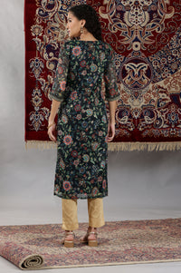 Black Floral All-Over Print Sequined Straight Kota Kurta