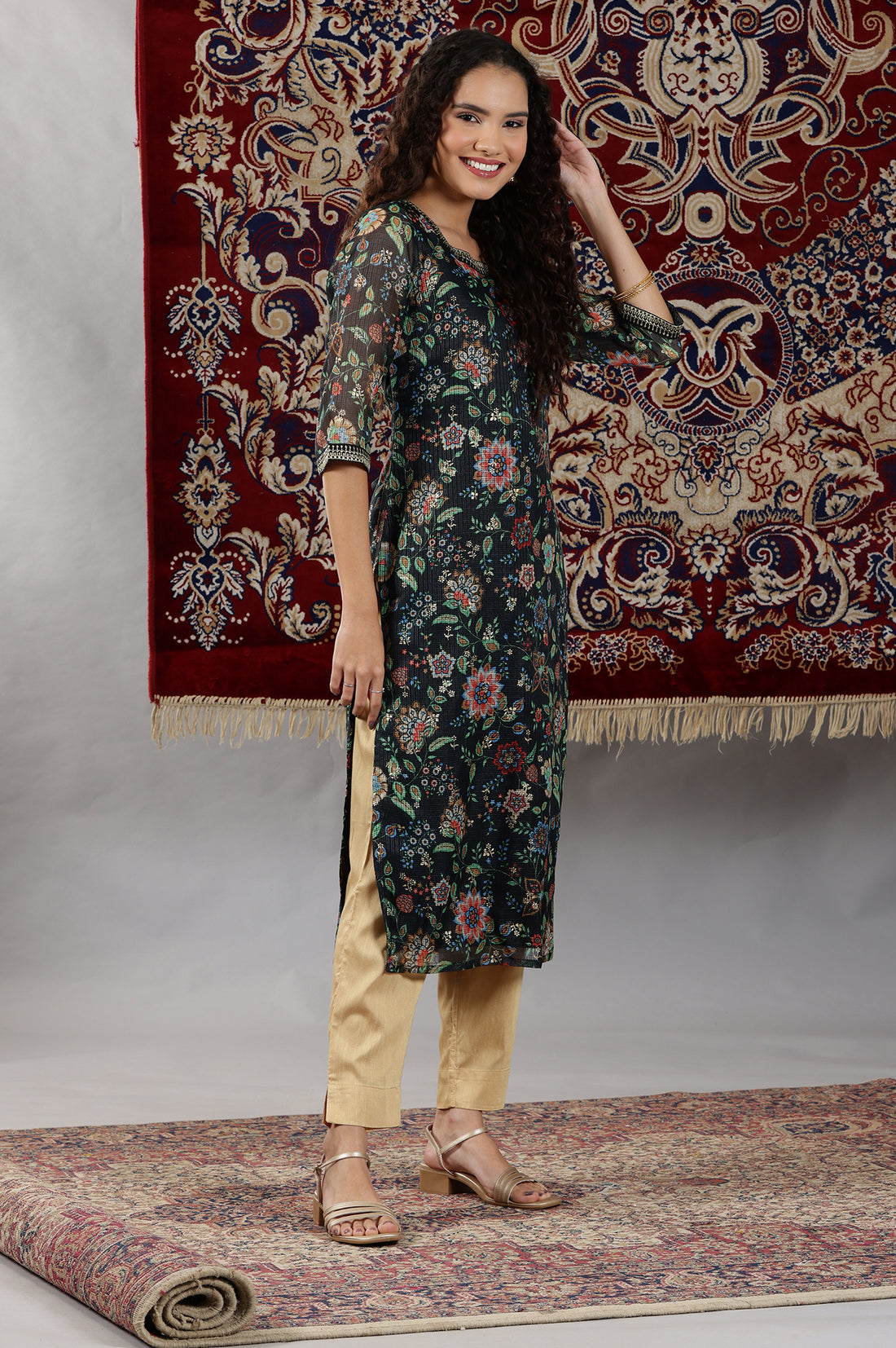Black Floral All-Over Print Sequined Straight Kota Kurta