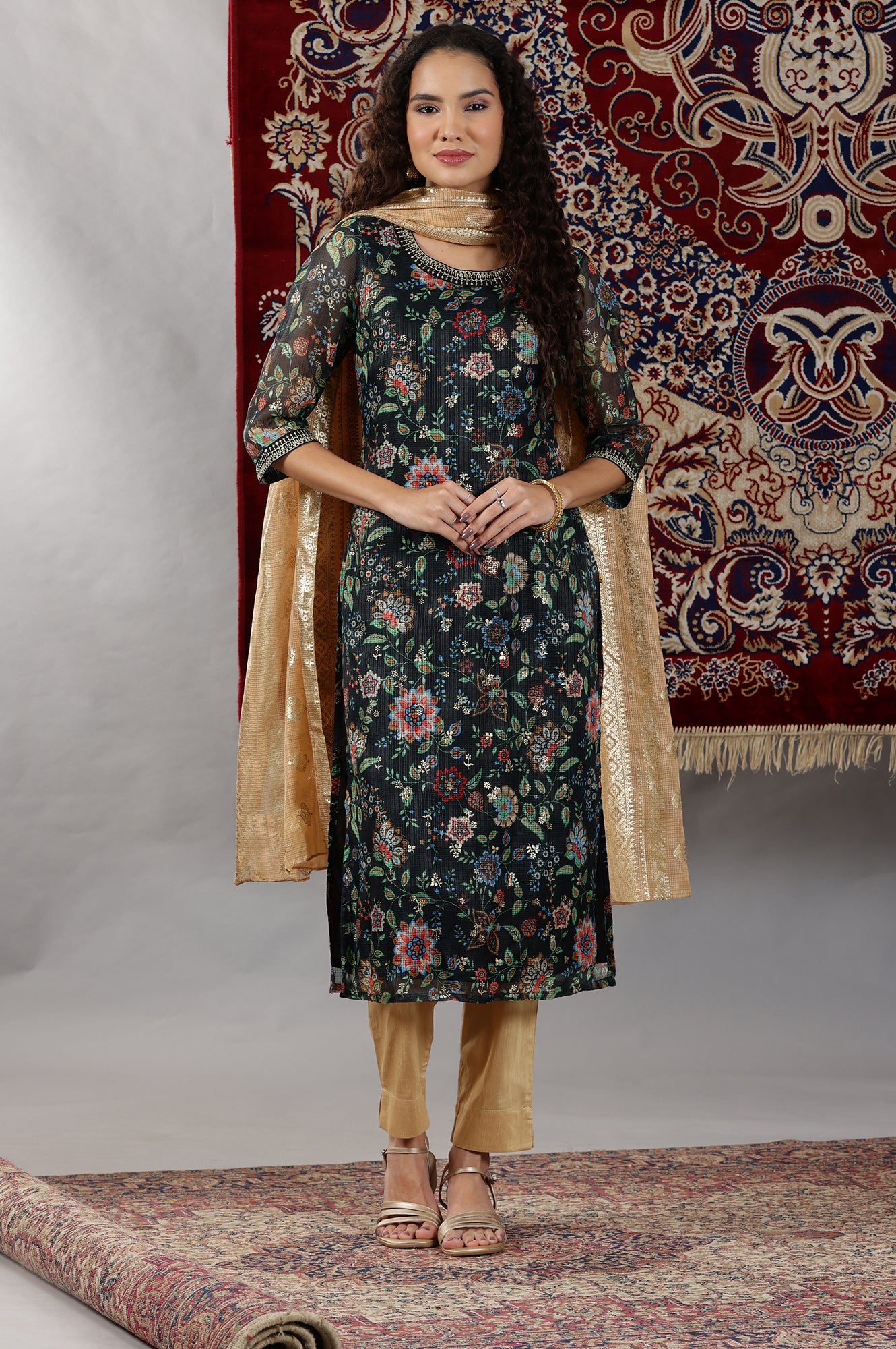 Black Floral Printed Straight Kota Kurta with Embroidered Neckline