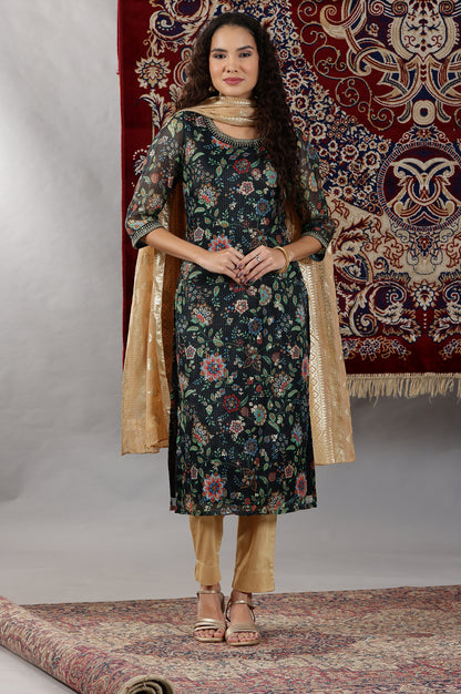 Black Floral Printed Straight Kota Kurta with Embroidered Neckline