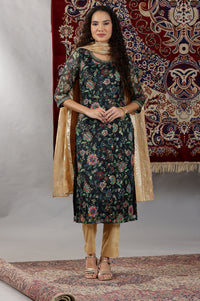 Black Floral All-Over Print Sequined Straight Kota Kurta
