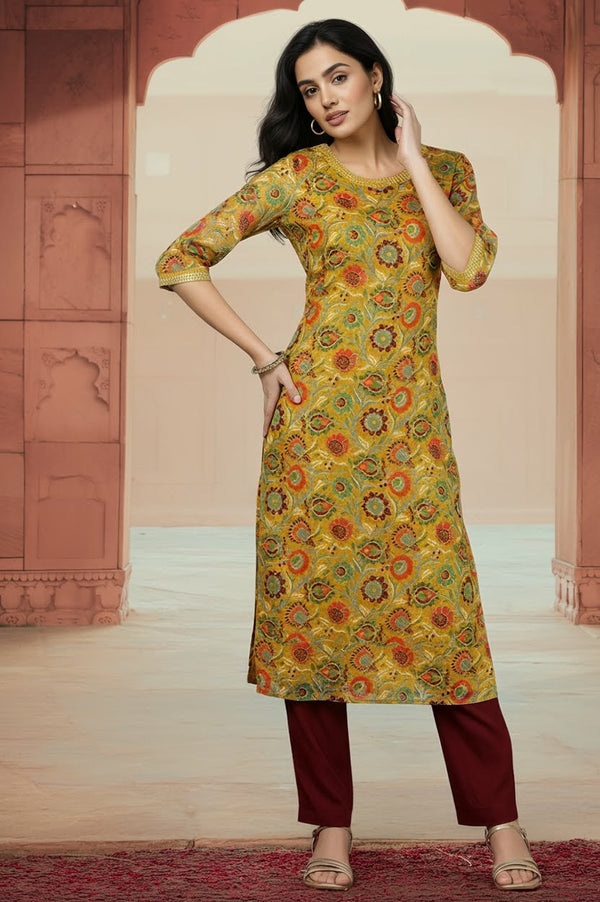 Tawny Yellow Floral Printed Straight Kota Kurta