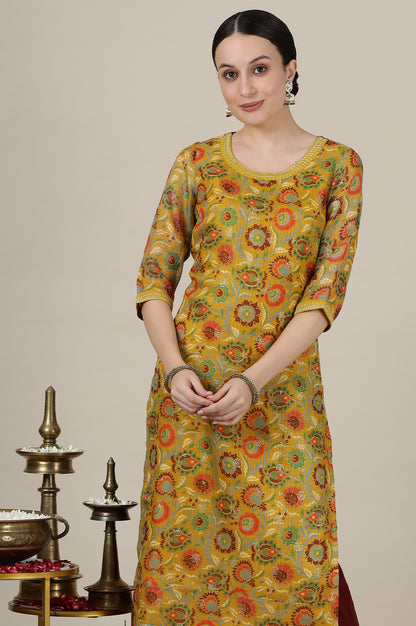 Tawny Yellow Floral Printed Straight Kota Kurta