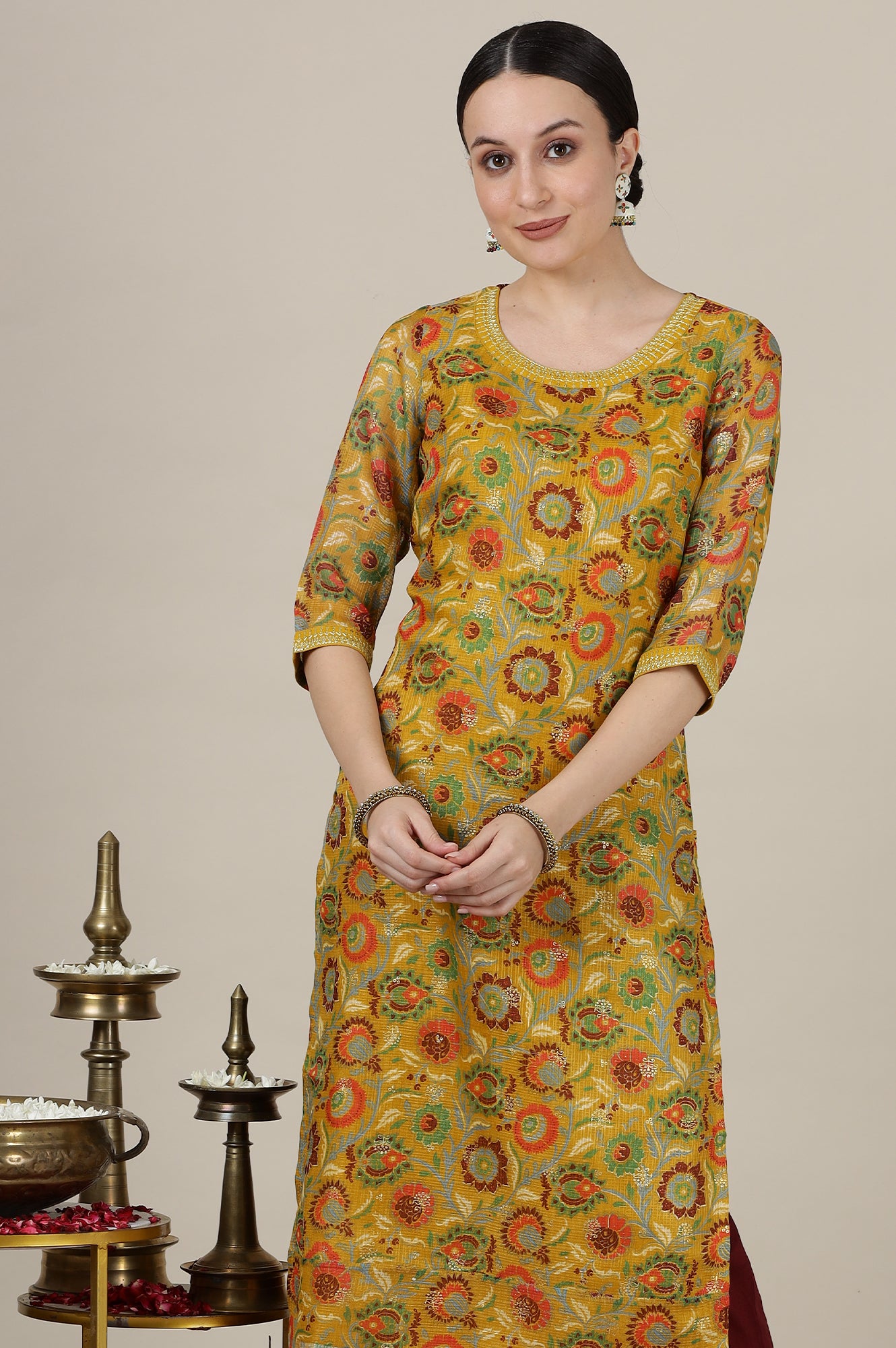 Yellow Floral All-Over Print Sequined Straight Kota Kurta