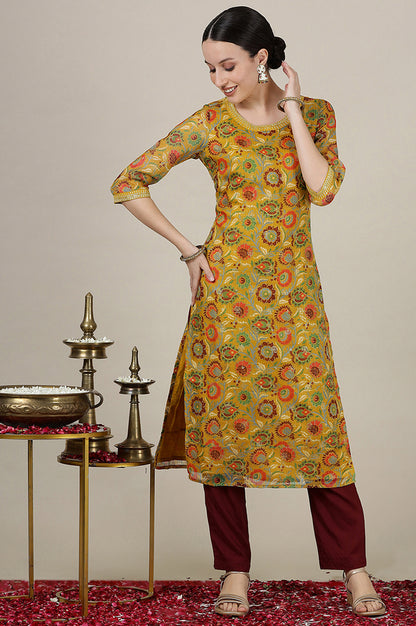 Tawny Yellow Floral Printed Straight Kota Kurta