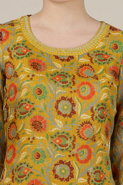 Tawny Yellow Floral Printed Straight Kota Kurta