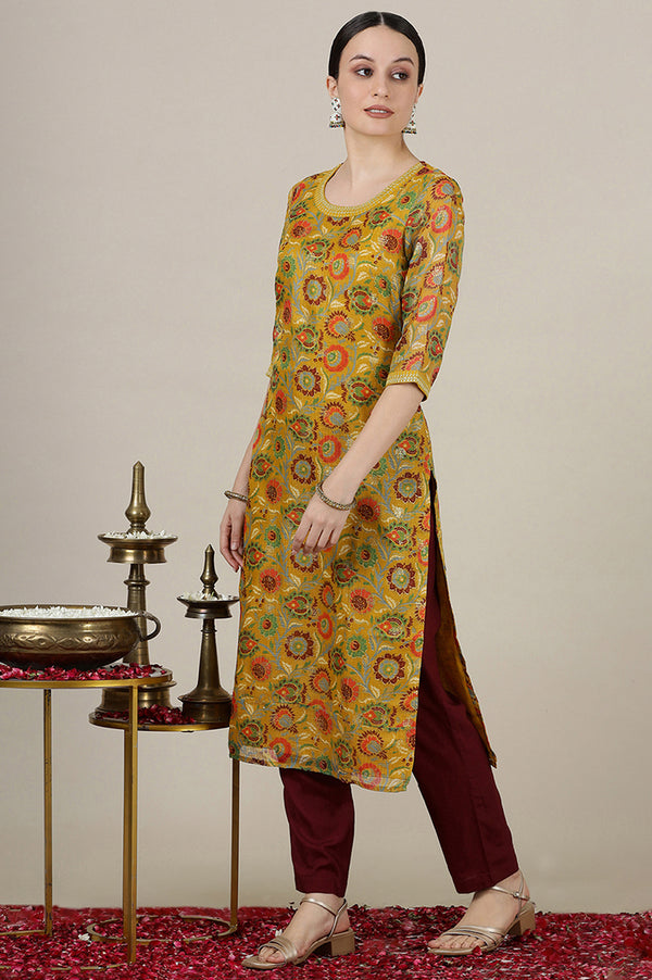 Yellow Floral All-Over Print Sequined Straight Kota Kurta
