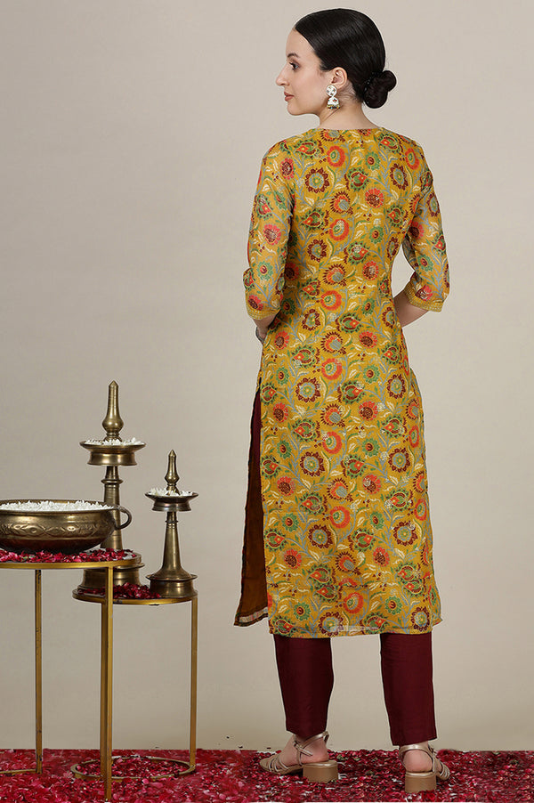 Yellow Floral All-Over Print Sequined Straight Kota Kurta