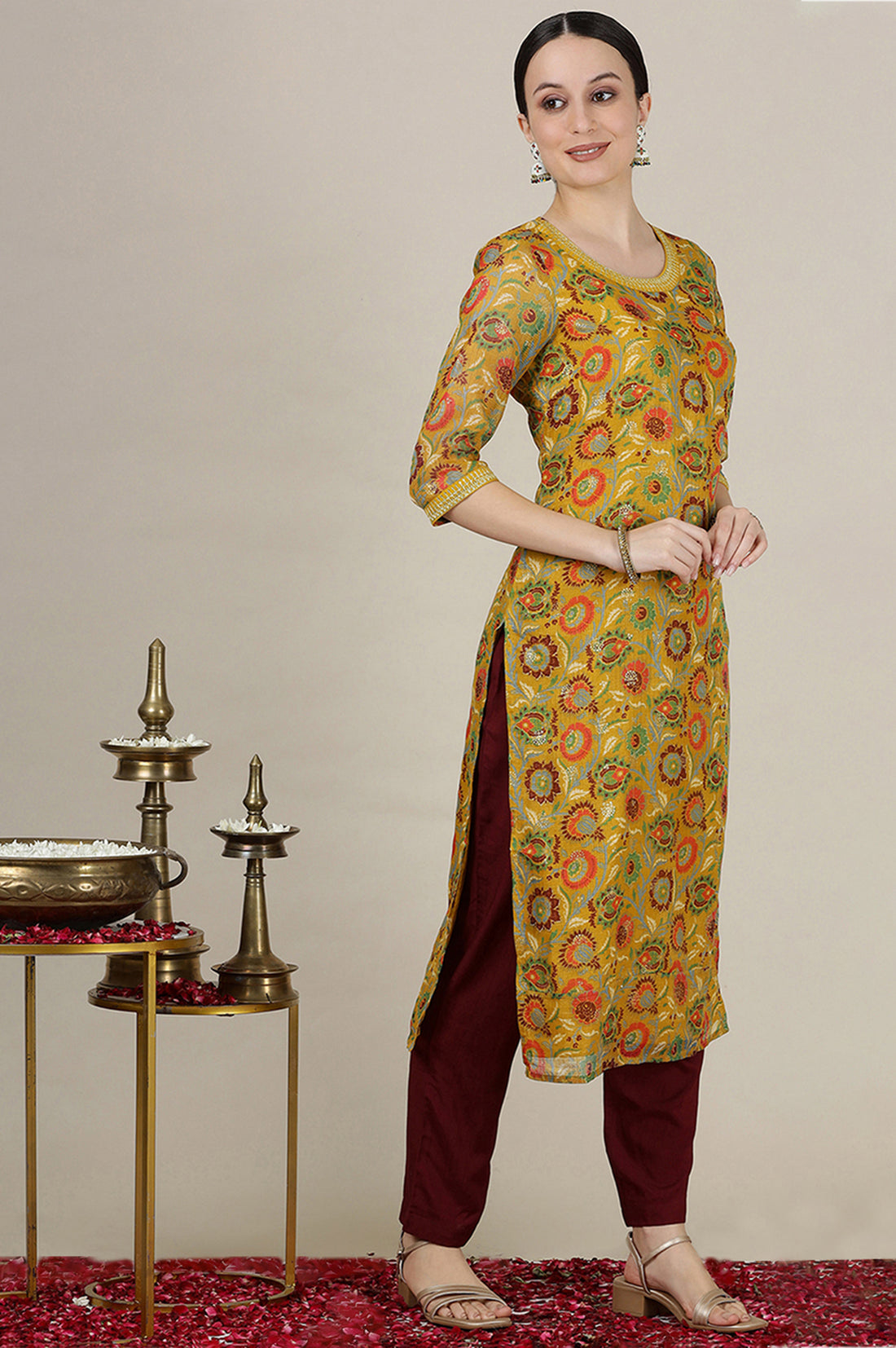 Yellow Floral All-Over Print Sequined Straight Kota Kurta