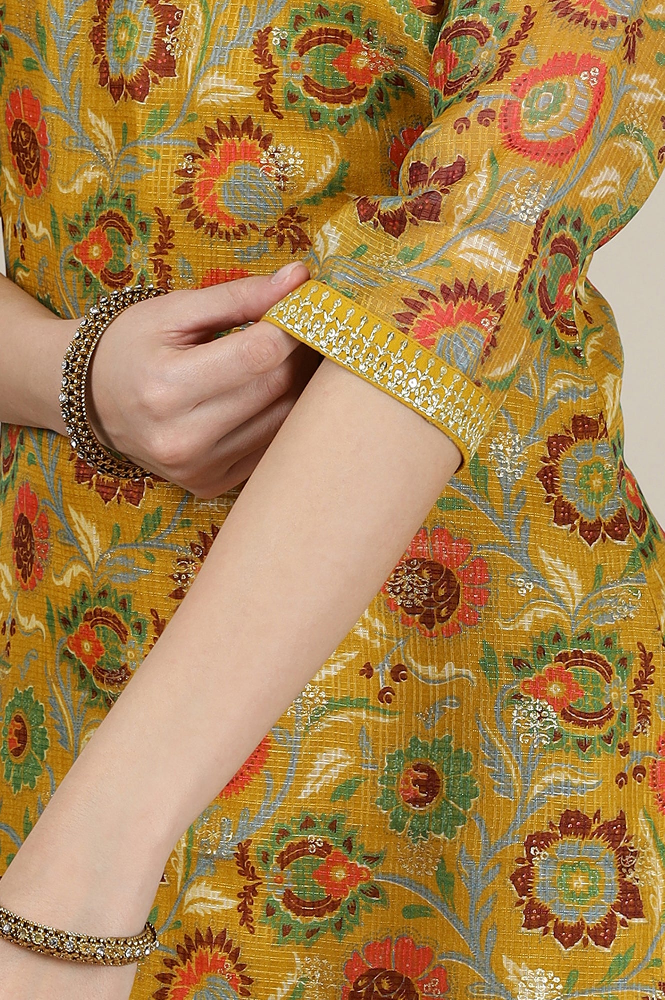 Buy Tawny Yellow Floral Printed Straight Kota Kurta Online for