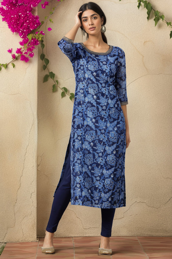 Ensign Blue Floral Printed Straight Kota Kurta with Embroidered Neck