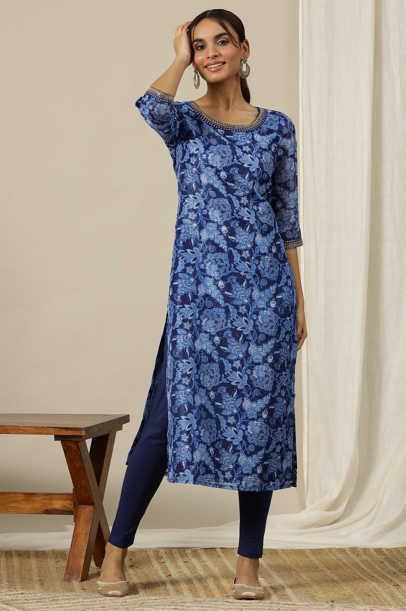 Ensign Blue Floral Printed Straight Kota Kurta with Embroidered Neck