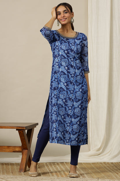 Ensign Blue Floral Printed Straight Kota Kurta with Embroidered Neck