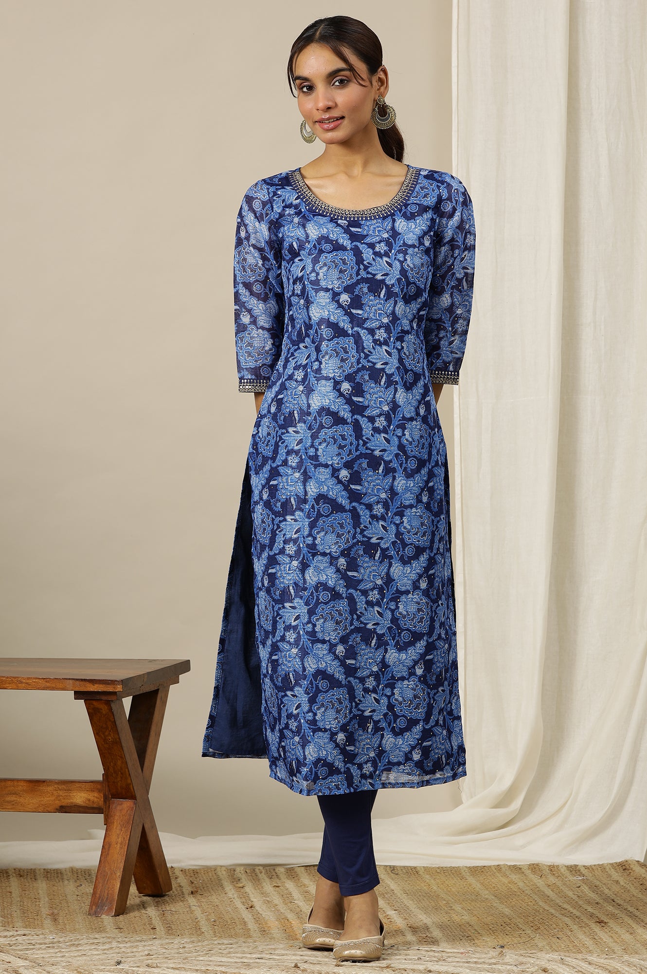 Ensign Blue Floral Printed Straight Kota Kurta with Embroidered Neck