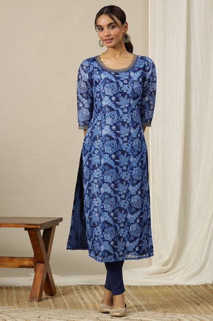 Ensign Blue Floral Printed Straight Kota Kurta with Embroidered Neck