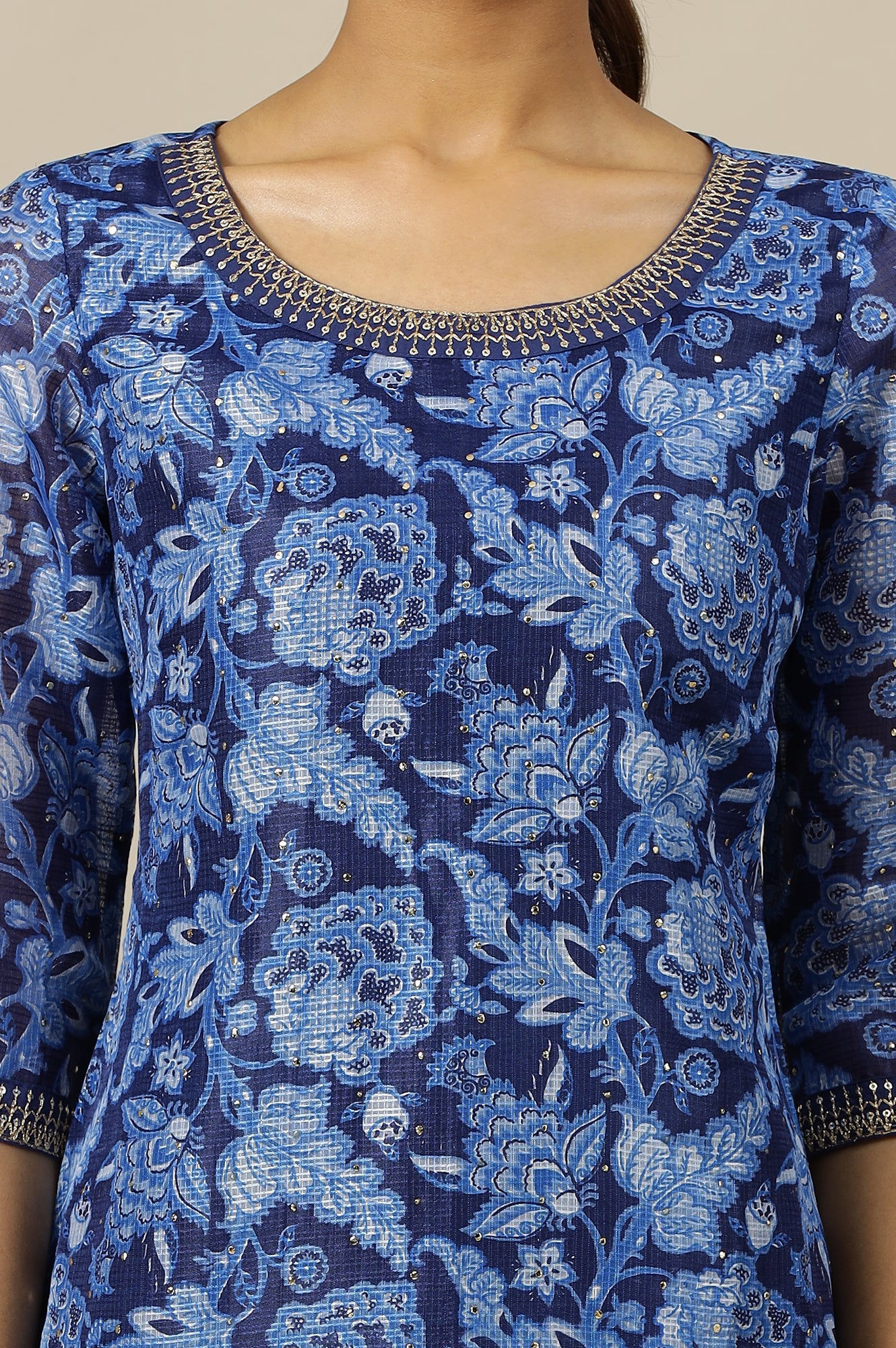 Ensign Blue Floral Printed Straight Kota Kurta with Embroidered Neck