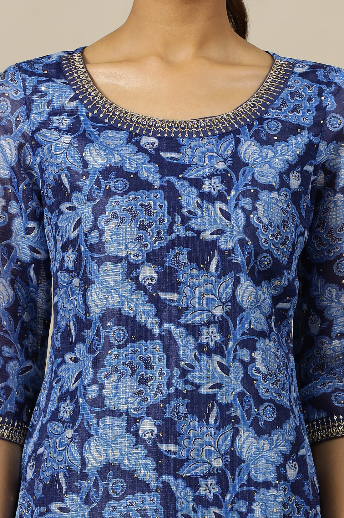 Blue Floral Sequined Straight Chiffon Kurta