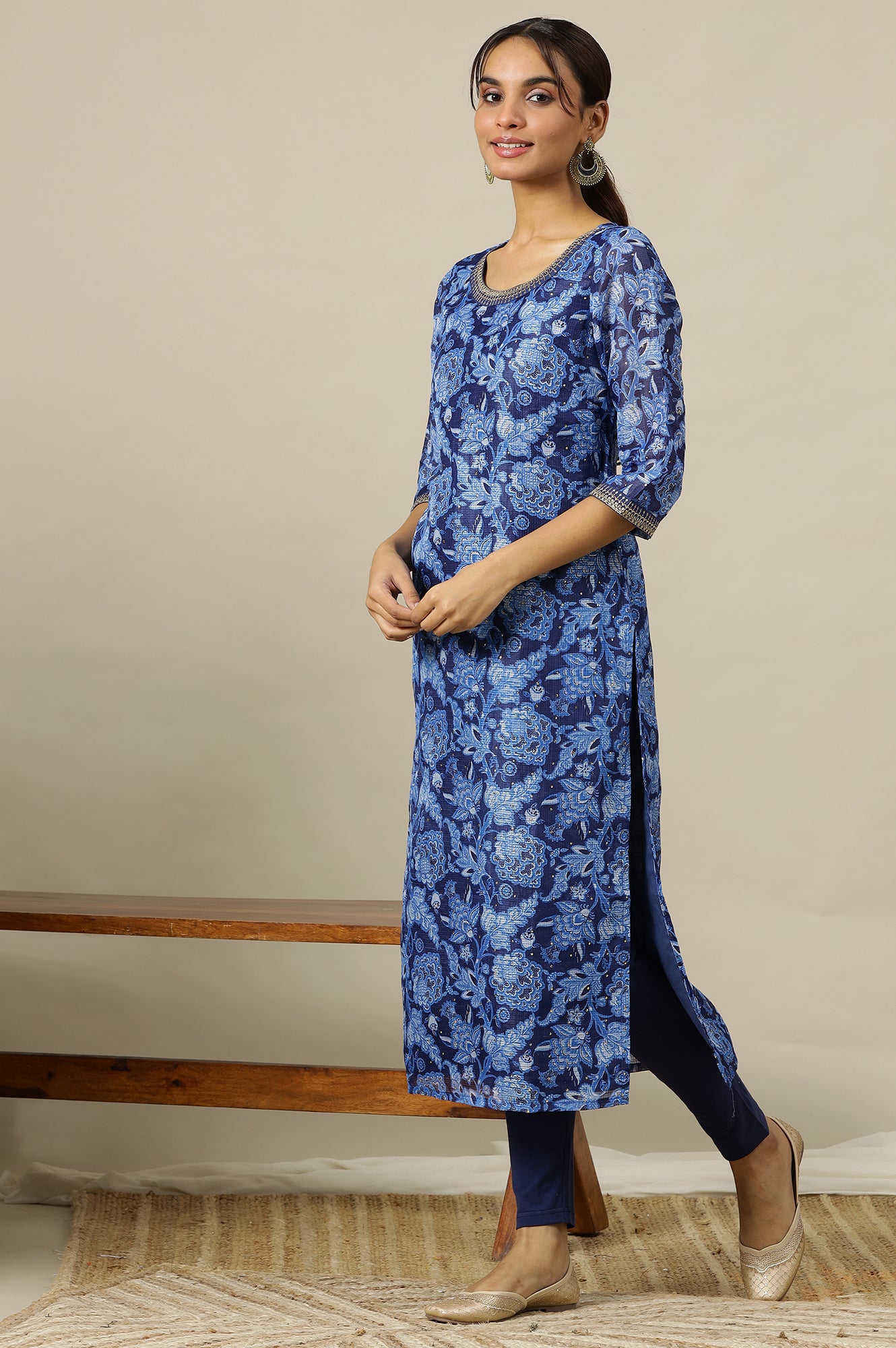 Ensign Blue Floral Printed Straight Kota Kurta with Embroidered Neck