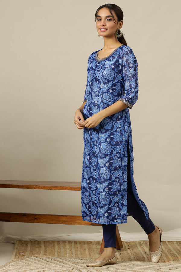 Ensign Blue Floral Printed Straight Kota Kurta with Embroidered Neck
