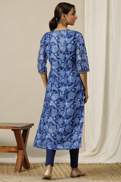 Ensign Blue Floral Printed Straight Kota Kurta with Embroidered Neck