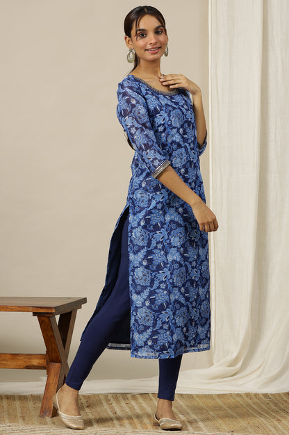 Ensign Blue Floral Printed Straight Kota Kurta with Embroidered Neck