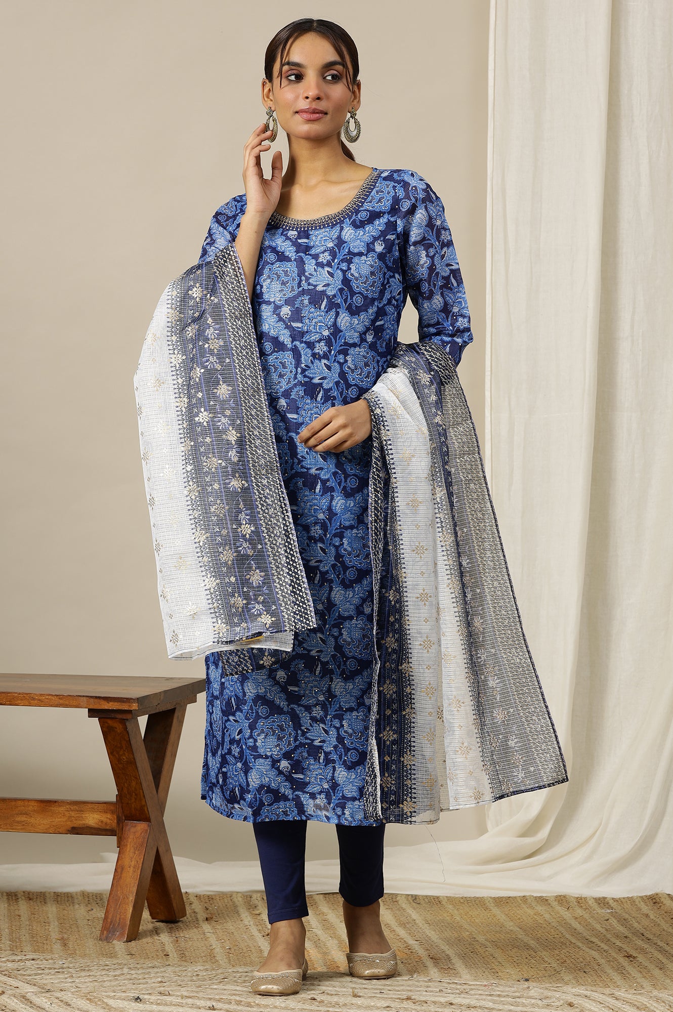 Ensign Blue Floral Printed Straight Kota Kurta with Embroidered Neck