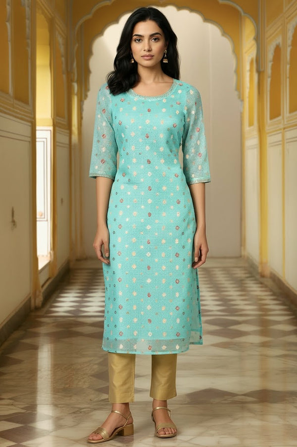 Sky Blue Abstract Printed Kota Kurta with Embellished Neck