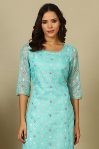 Blue Floral All-Over Print Sequined Straight Kota Kurta