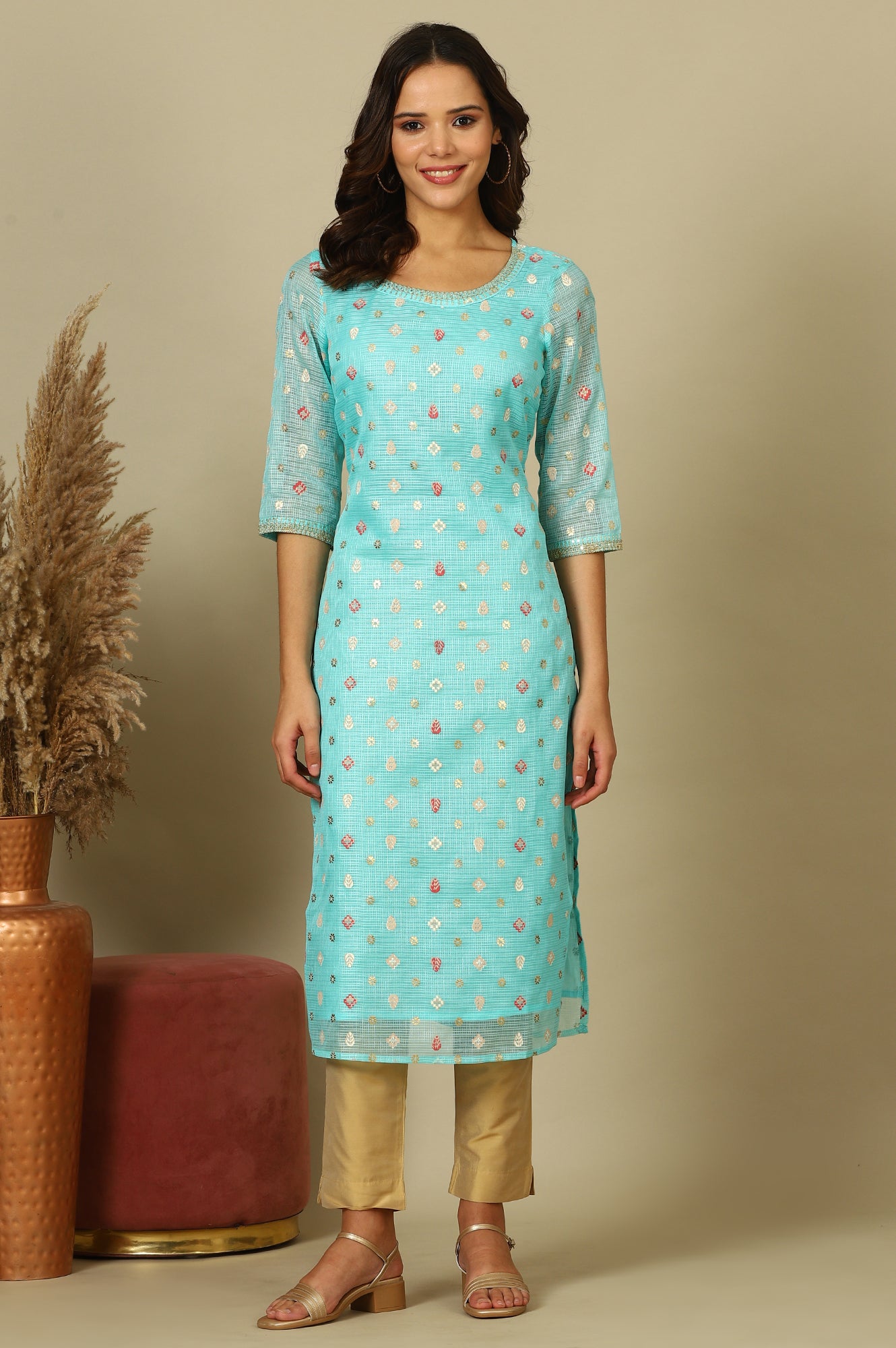 Sky Blue Abstract Printed Kota Kurta with Embellished Neck