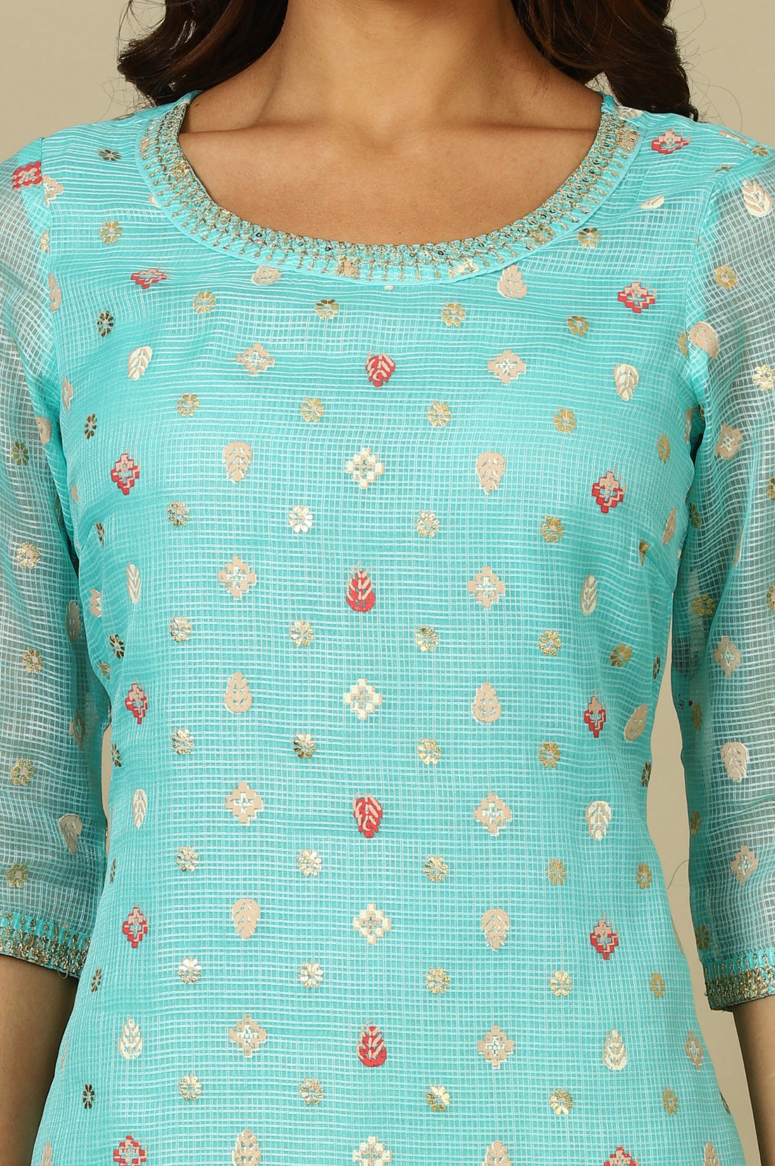 Blue Floral All-Over Print Sequined Straight Kota Kurta
