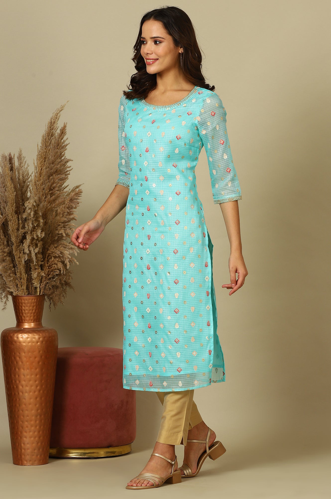 Sky Blue Abstract Printed Kota Kurta with Embellished Neck