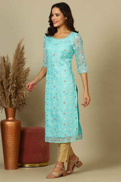 Sky Blue Abstract Printed Kota Kurta with Embellished Neck