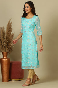 Blue Floral All-Over Print Sequined Straight Kota Kurta