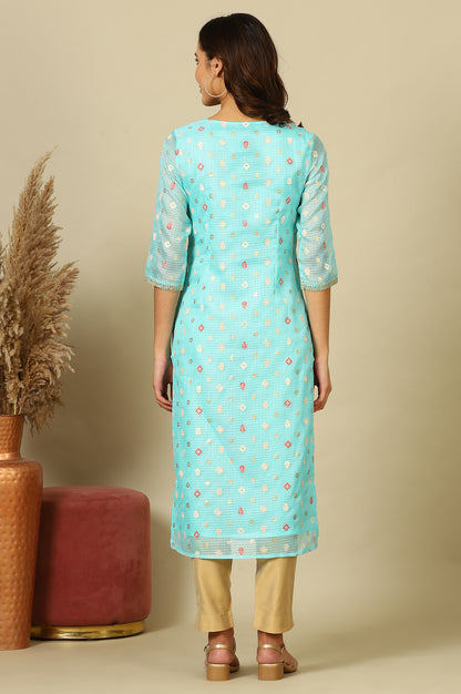 Sky Blue Abstract Printed Kota Kurta with Embellished Neck