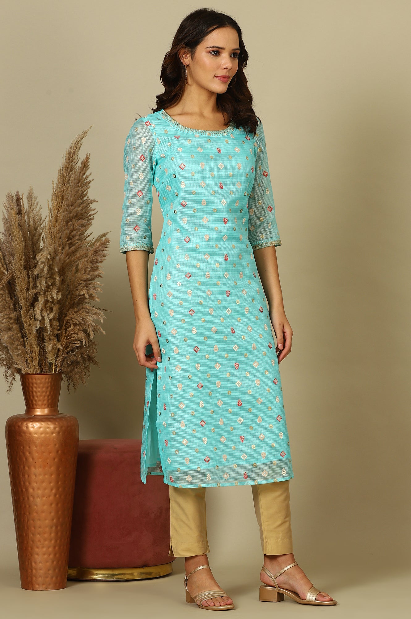 Sky Blue Abstract Printed Kota Kurta with Embellished Neck