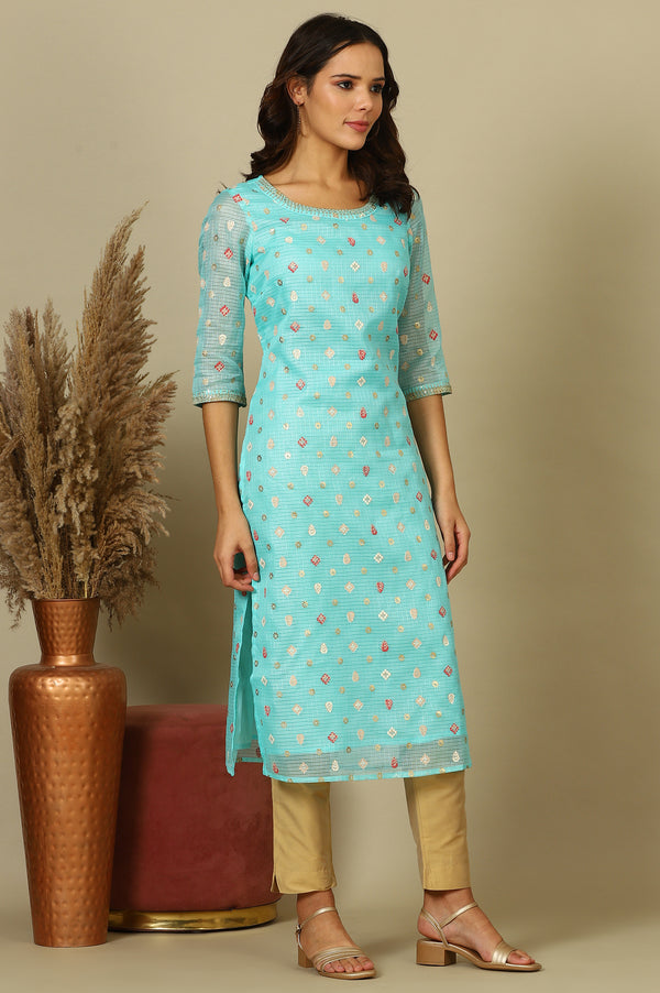 Blue Floral All-Over Print Sequined Straight Kota Kurta