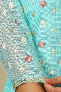Blue Floral All-Over Print Sequined Straight Kota Kurta