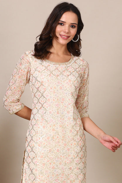 Beige Abstract Printed Georgette Kurta with Embellished Neck