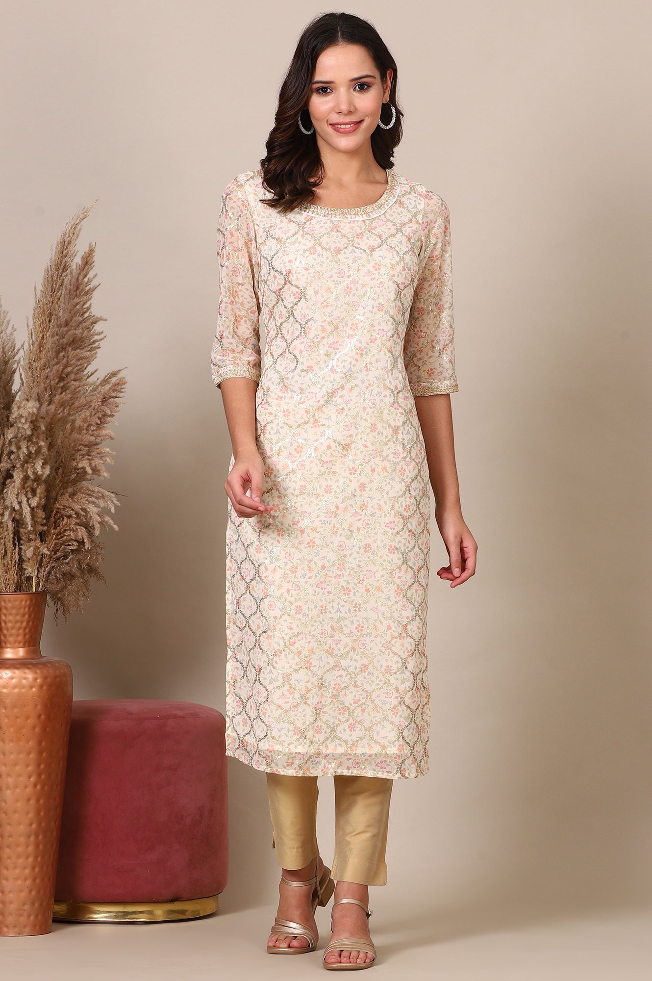 Beige Abstract Printed Georgette Kurta with Embellished Neck