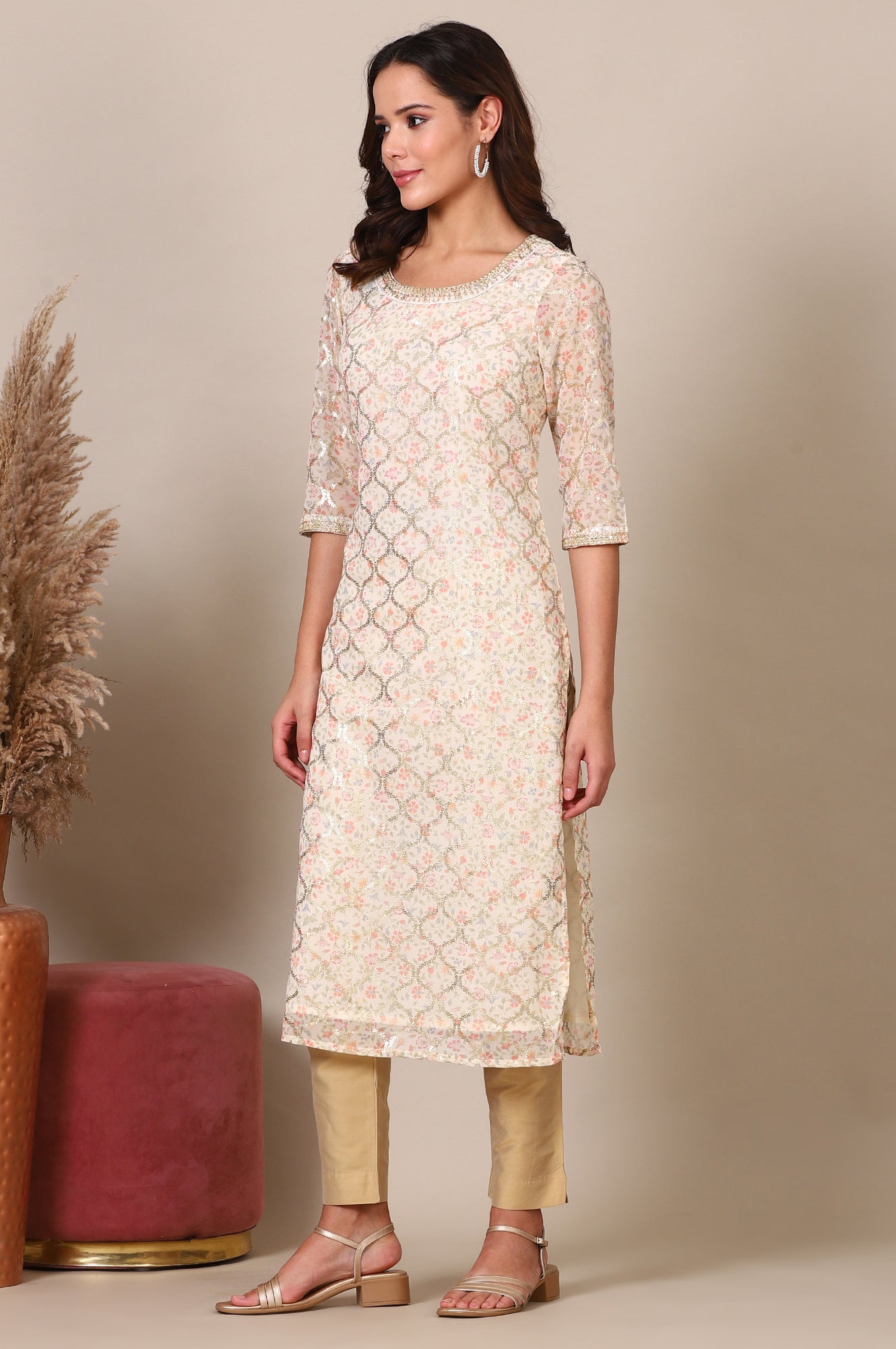 Beige Abstract Printed Georgette Kurta with Embellished Neck