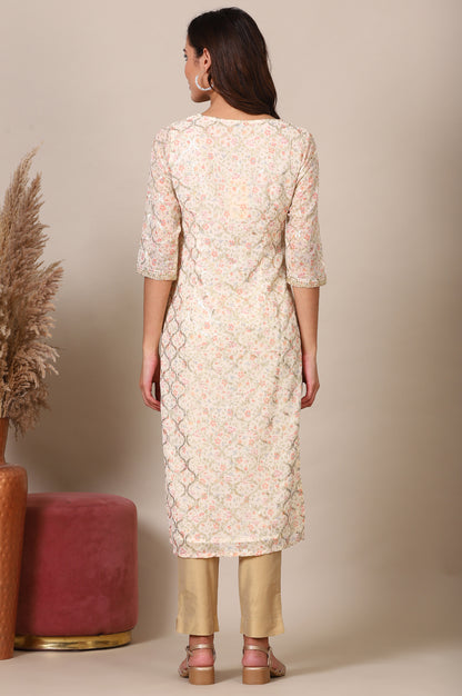 Beige Abstract Printed Georgette Kurta with Embellished Neck