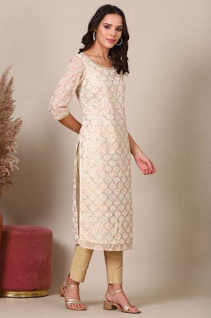 Beige Abstract Printed Georgette Kurta with Embellished Neck