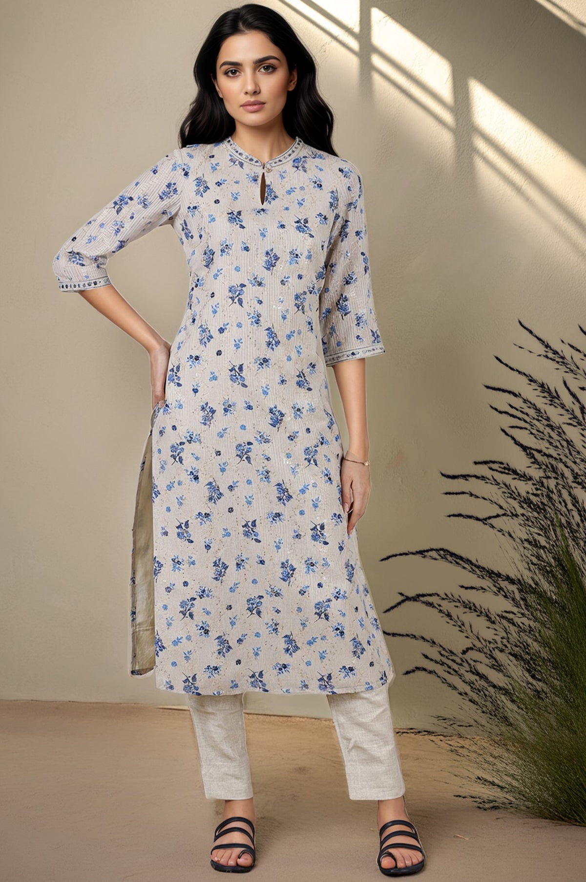 Beige Floral Printed with Zari work Straight Kota Kurta - XS