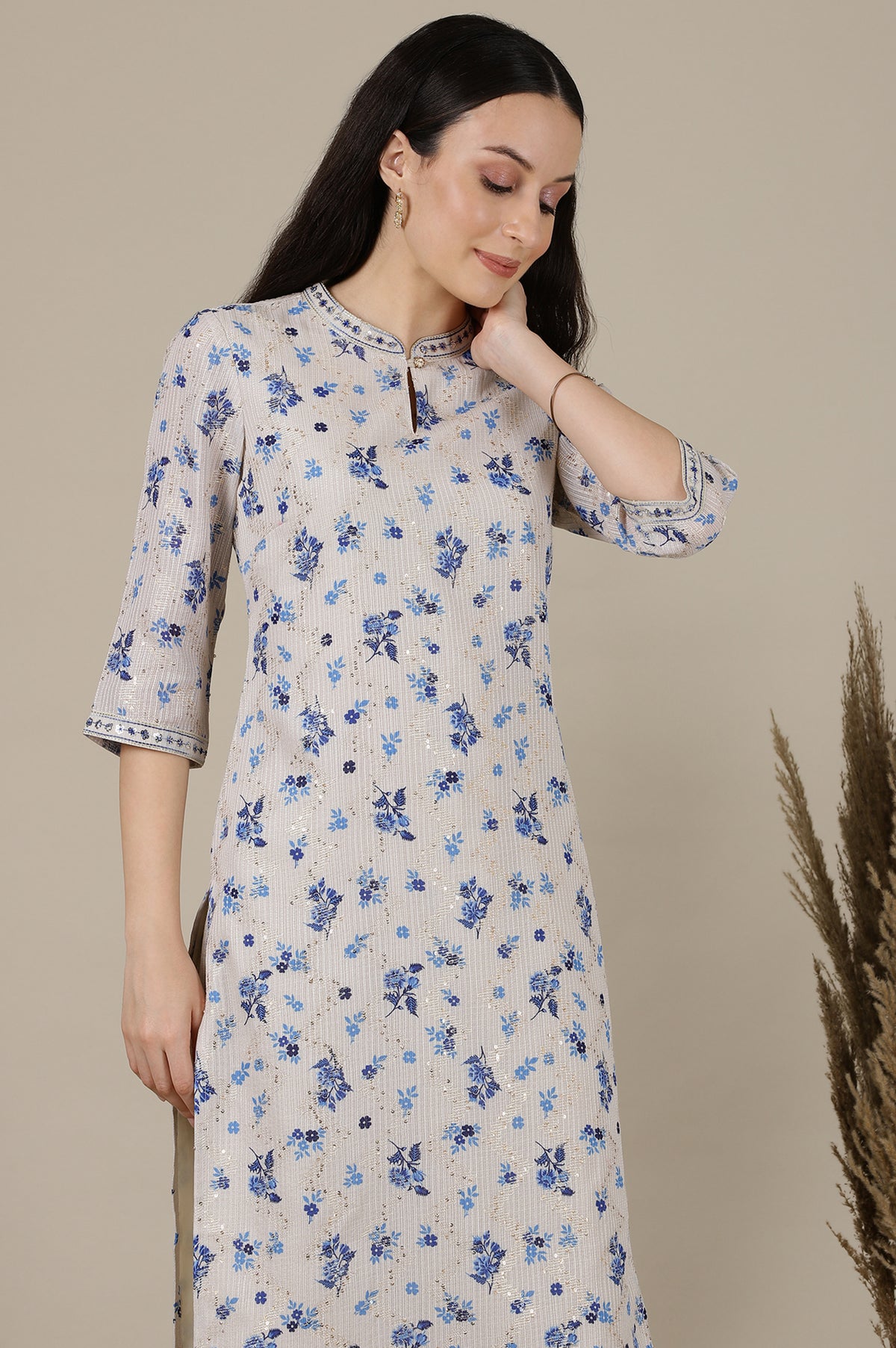 Beige Floral Zari Straight Kota Kurta - XS