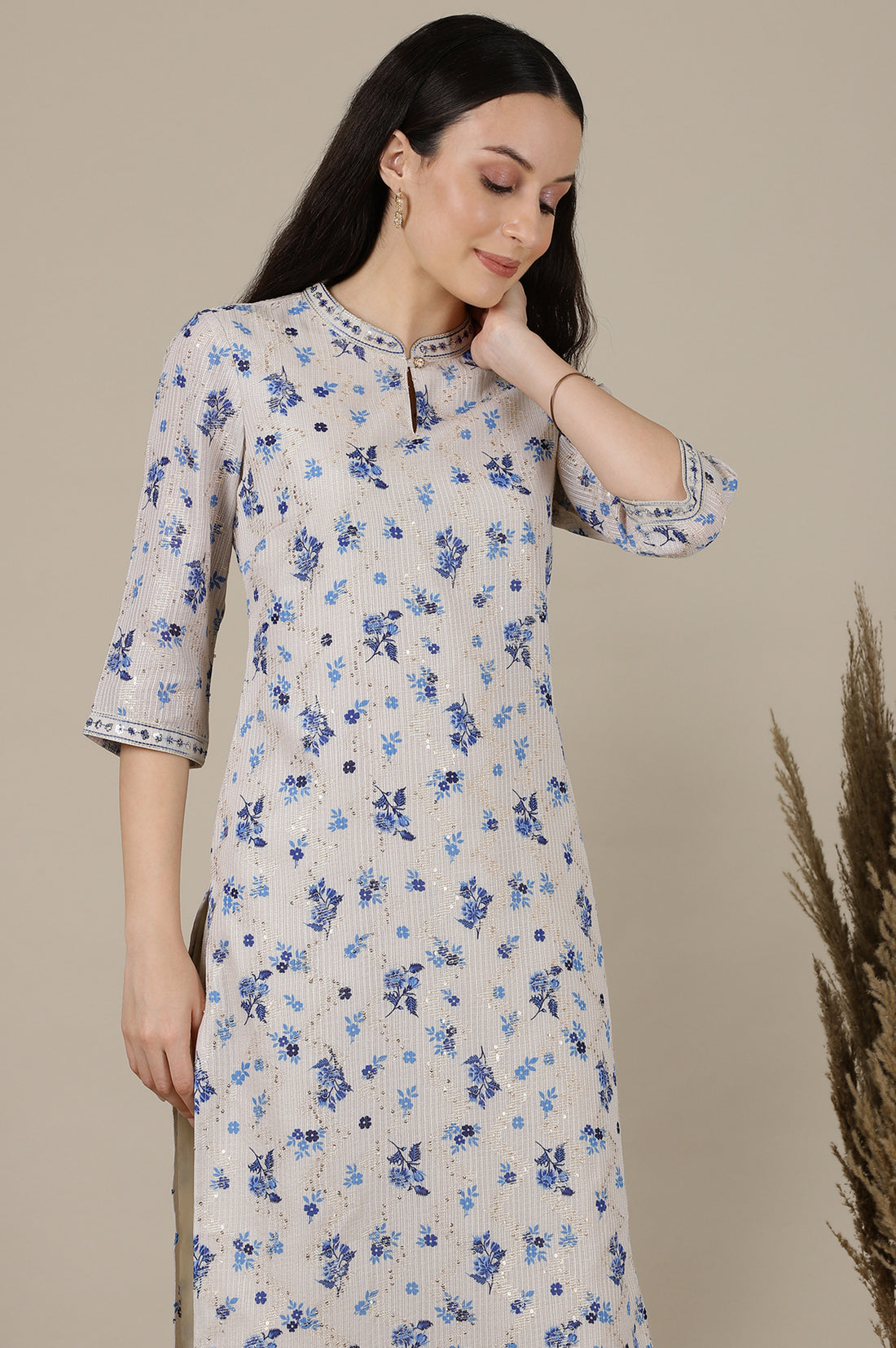 Beige Floral Zari Straight Kota Kurta