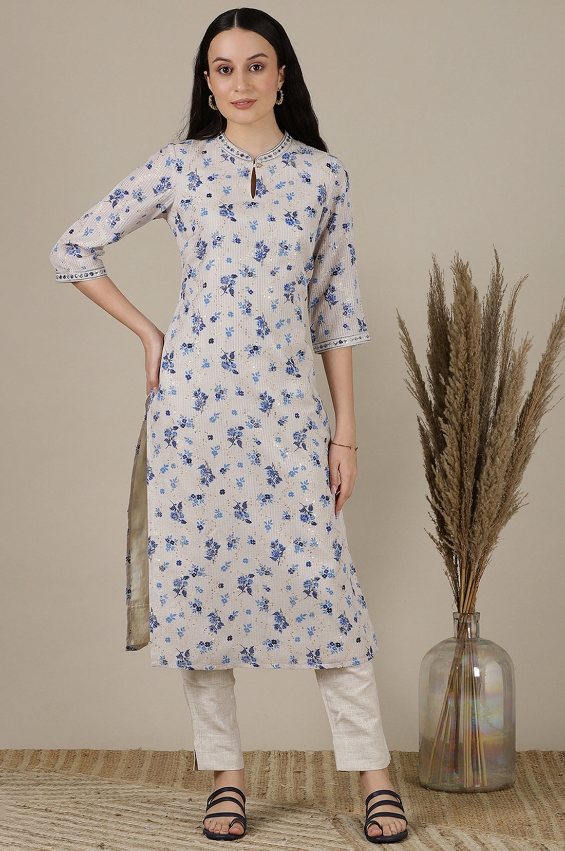 Beige Floral Zari Straight Kota Kurta