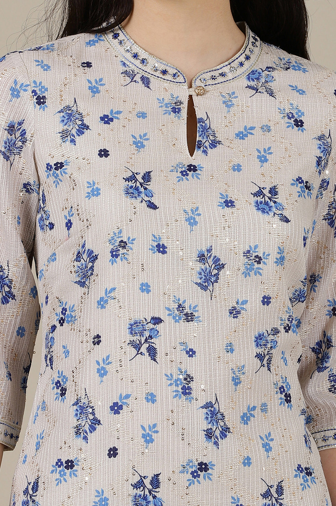 Beige Floral Zari Straight Kota Kurta