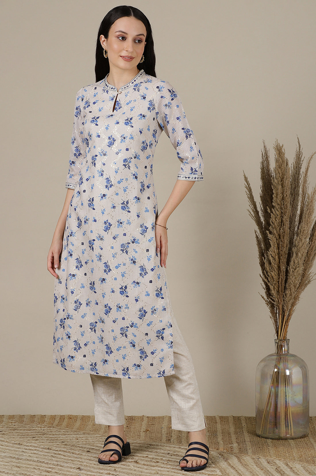 Beige Floral Zari Straight Kota Kurta