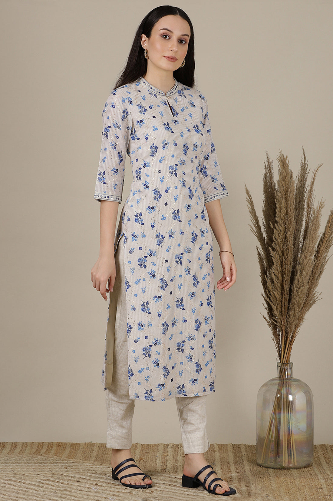 Beige Floral Zari Straight Kota Kurta