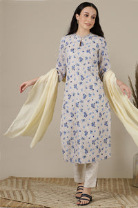 Beige Floral Zari Straight Kota Kurta